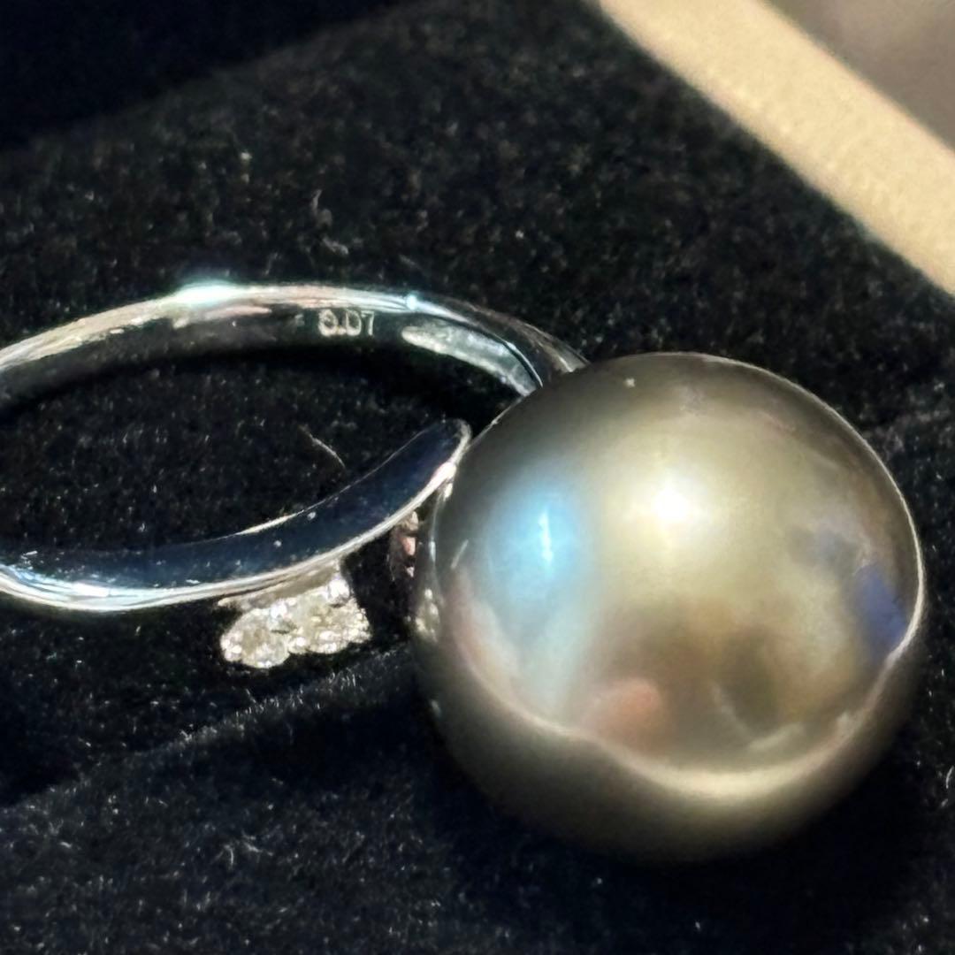 PT900 黒蝶真珠 リング 約13mm ダイヤ0.07ct プラチナ 南洋真珠