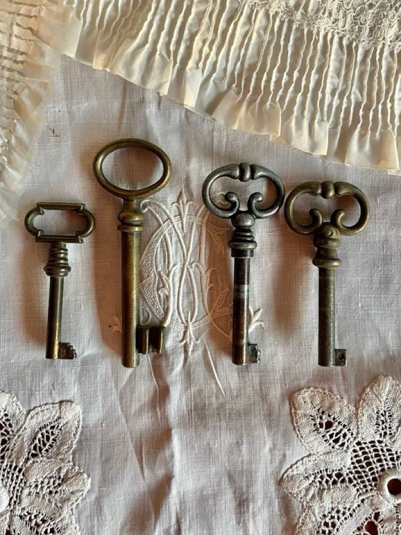 ◆フランスアンティーク｜古い鍵デザインキーセットブロンズシルバー装飾輪っか