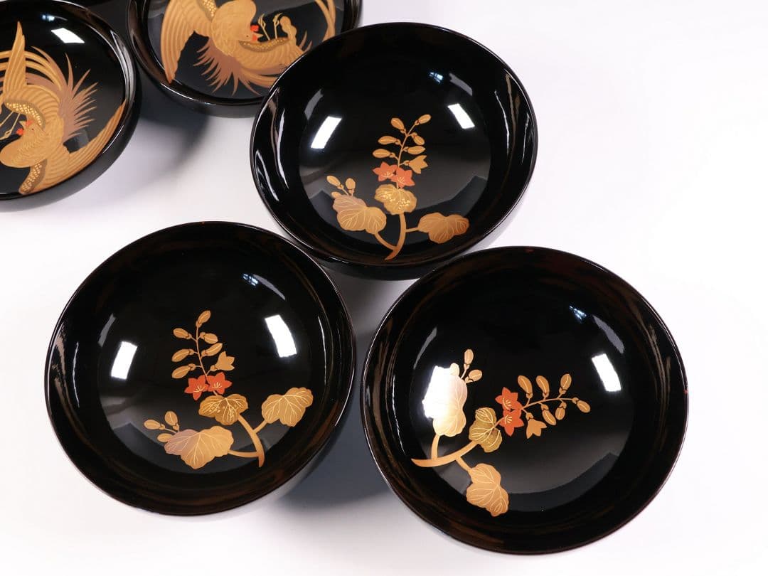 【CM401】天然木漆塗 菊桐鳳凰金蒔絵 黒塗 吸物椀 三客 昭和期 木製漆器