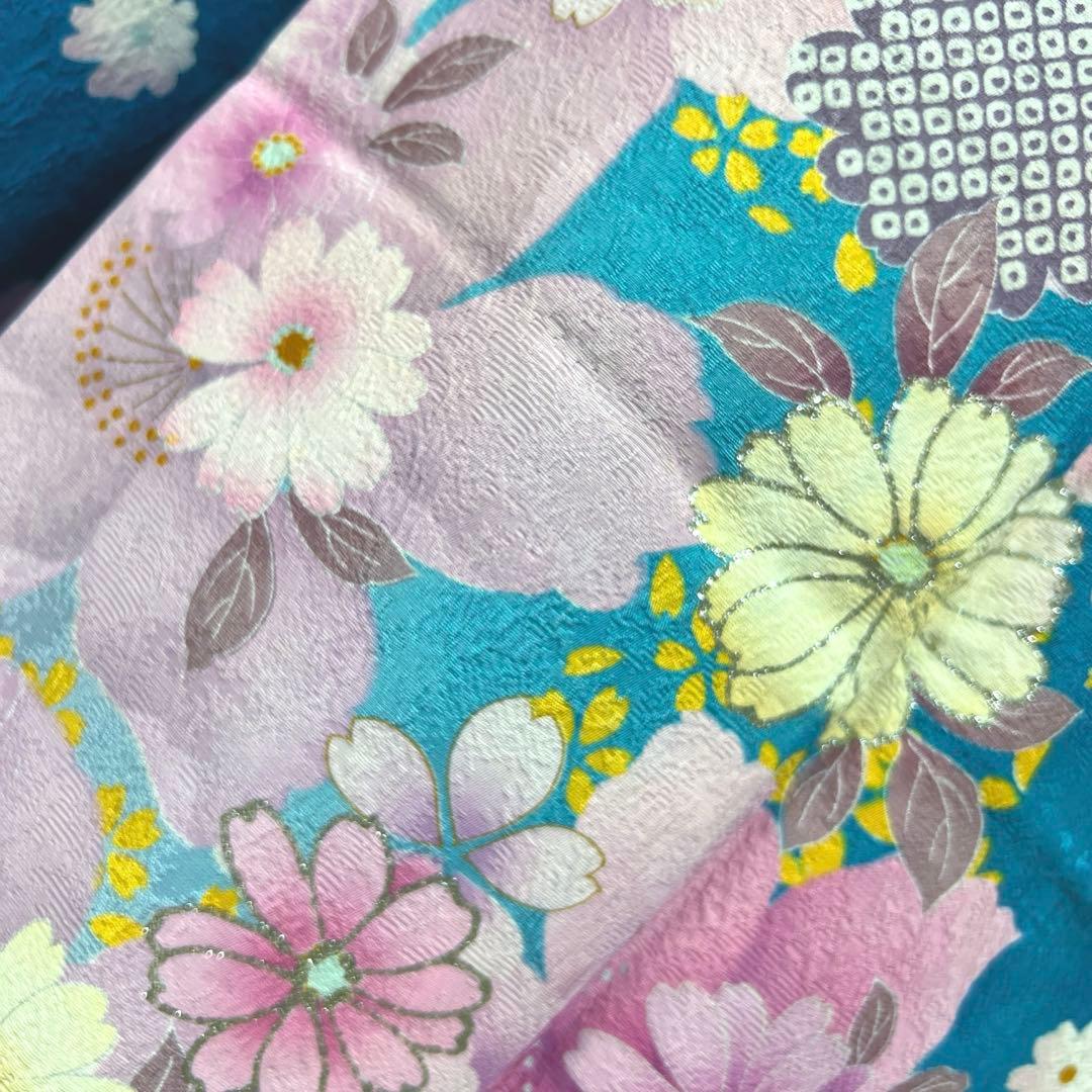 432 振袖フルセット 正絹 青緑 納戸色 桃 ブルーグリーン 銀彩 暈し染め