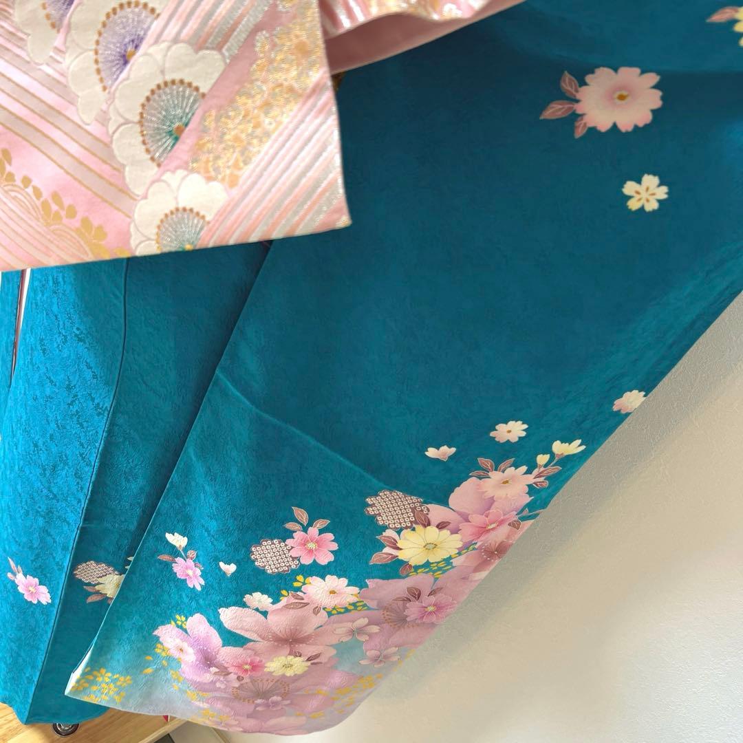 432 振袖フルセット 正絹 青緑 納戸色 桃 ブルーグリーン 銀彩 暈し染め