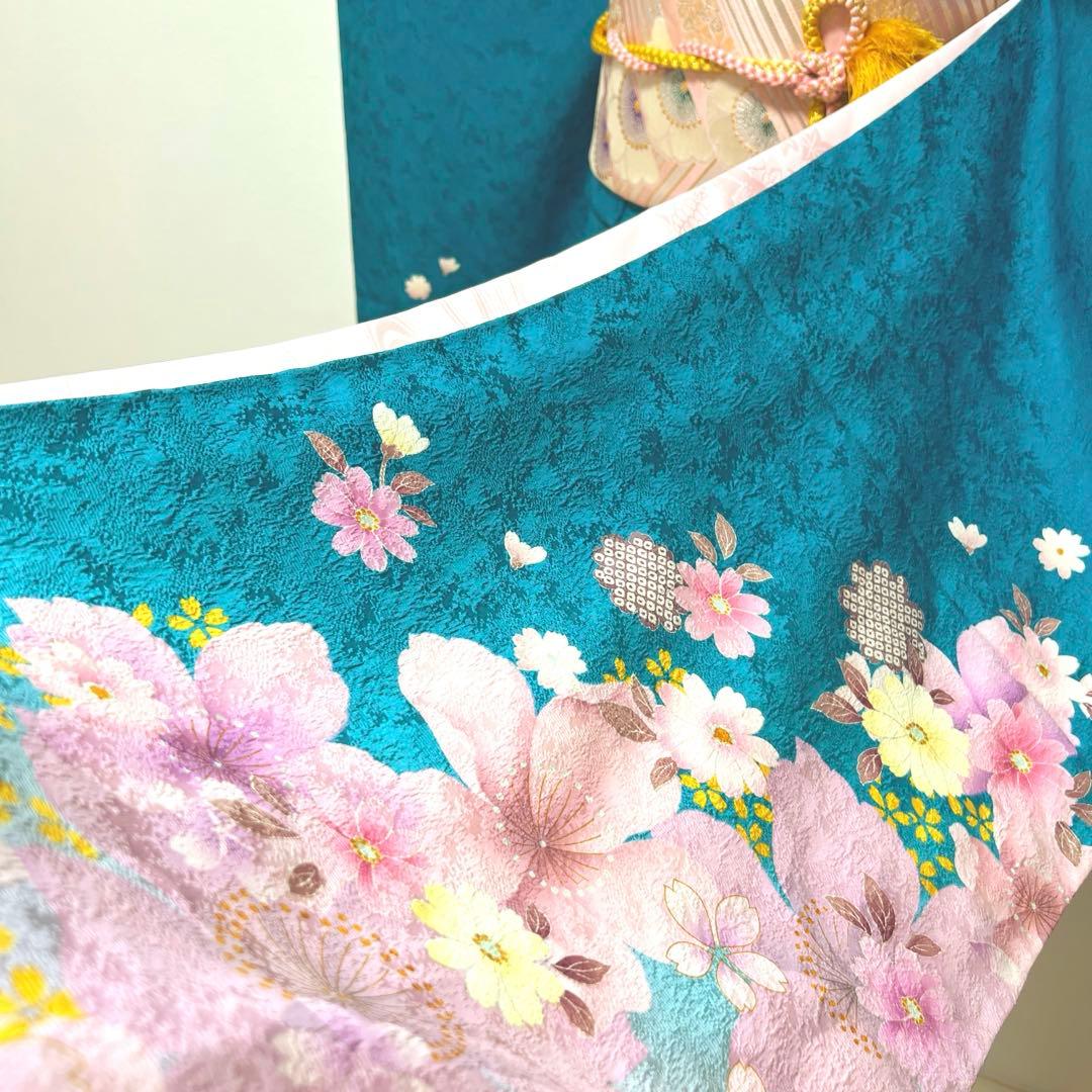 432 振袖フルセット 正絹 青緑 納戸色 桃 ブルーグリーン 銀彩 暈し染め