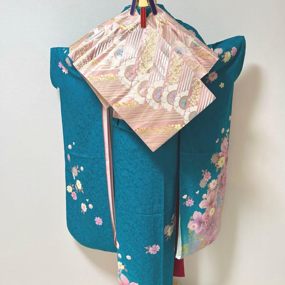 432 振袖フルセット 正絹 青緑 納戸色 桃 ブルーグリーン 銀彩 暈し染め