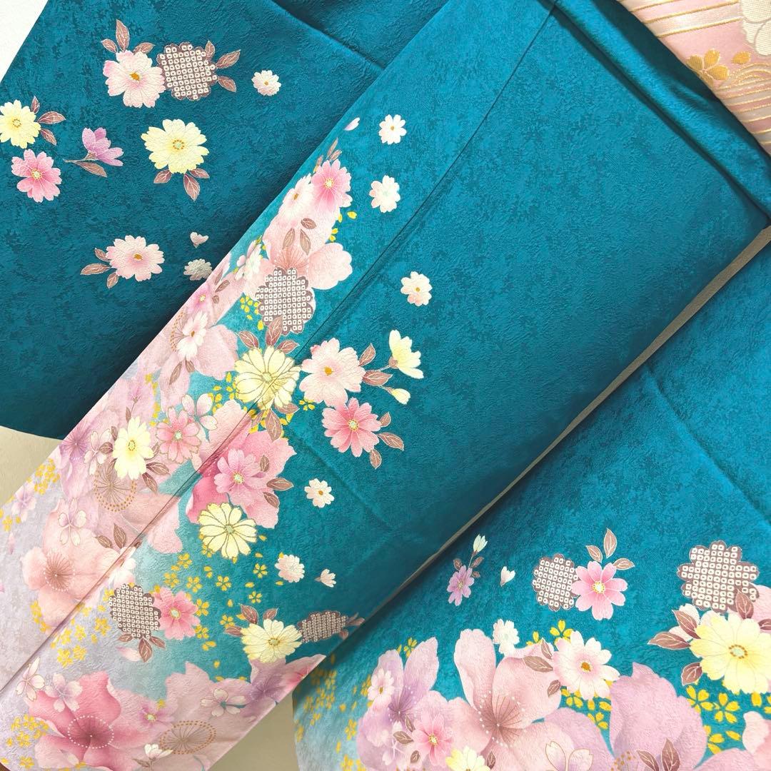 432 振袖フルセット 正絹 青緑 納戸色 桃 ブルーグリーン 銀彩 暈し染め