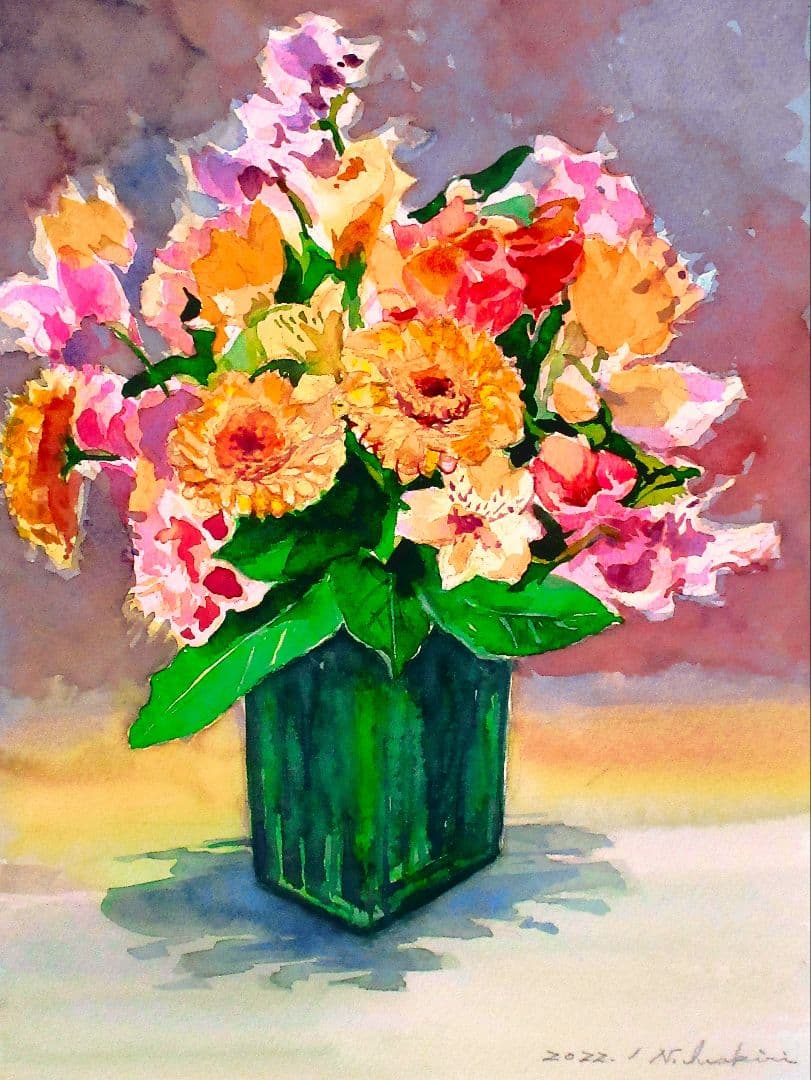 花瓶の花 水彩画 2022年作