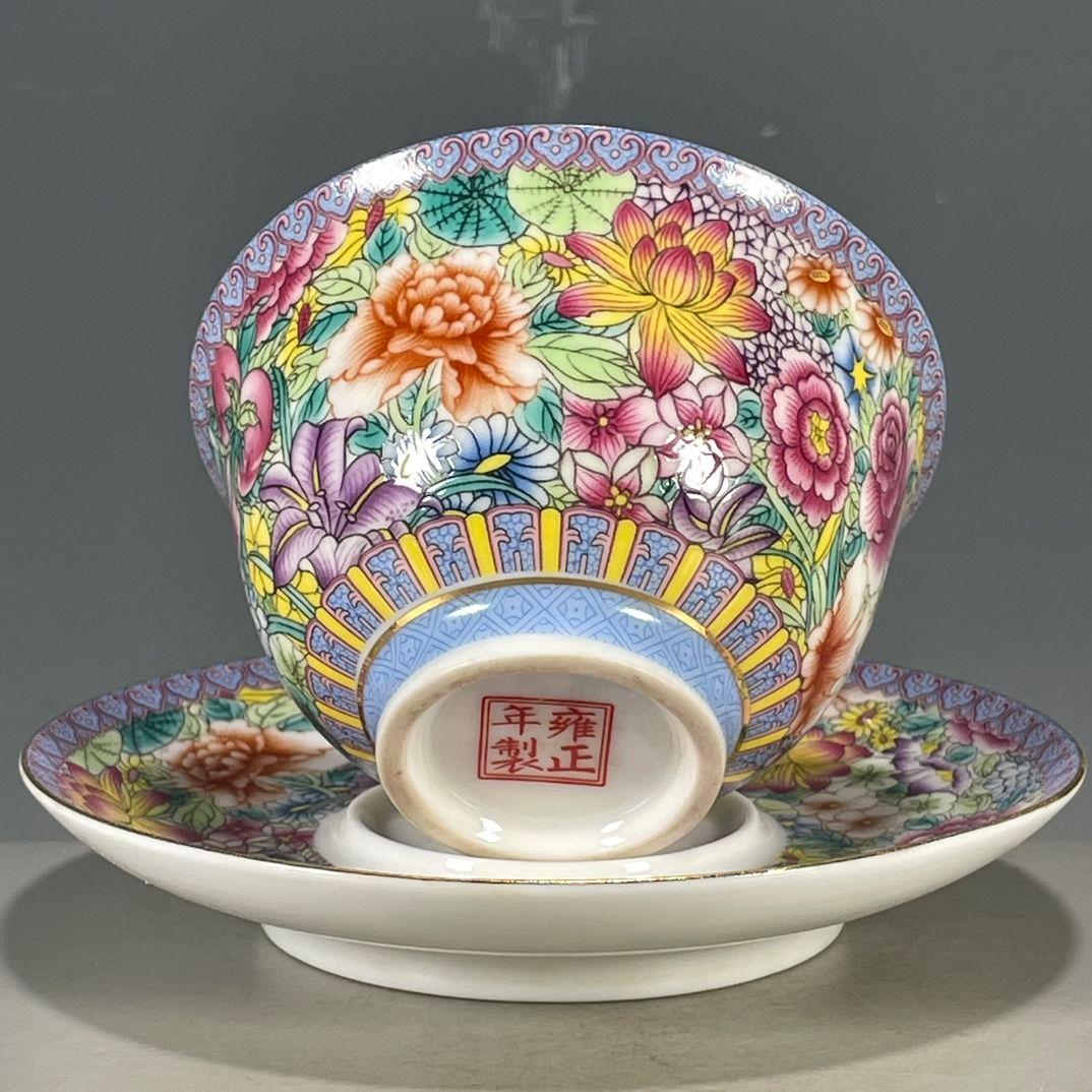 中国茶器 琅彩花卉図紋三才蓋碗 景徳镇 蓋付き茶器 飲茶食器 煎茶具 未使用品