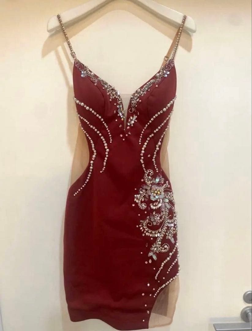 まりもり ワインレッド タイトフィットドレス