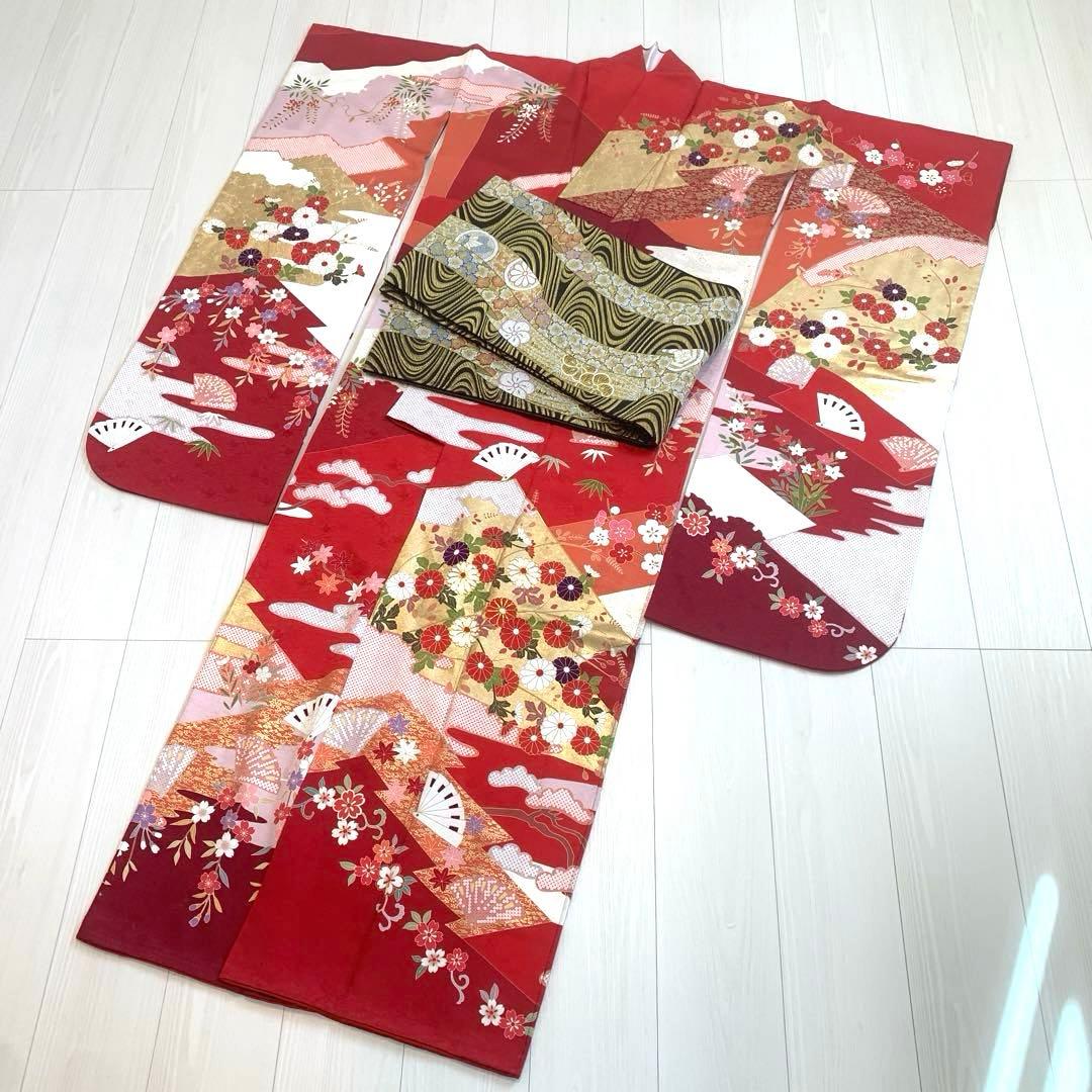 振袖 帯 2点セット 成人式 結婚式 正絹 セレモニー 赤 ボルドー 華やか