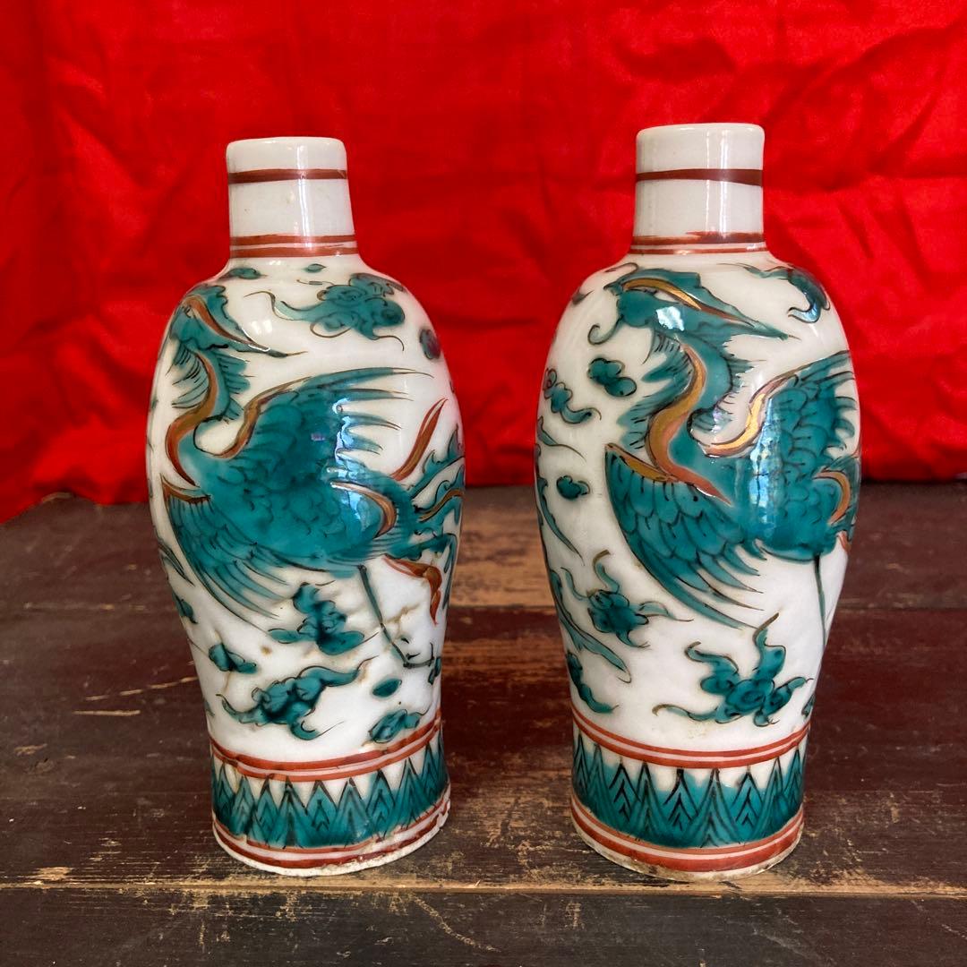 中国　呉須青絵　瓶一対　鳳凰図