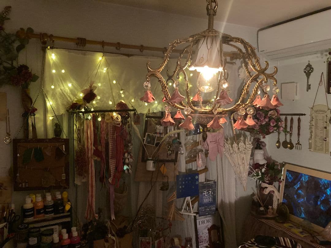 フランスアンティーク シャンデリア ピンクローズ モチーフ シャンデリア