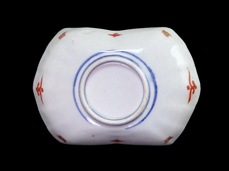 古伊万里　金襴手　波千鳥に幾何学紋の図　熨斗型変形皿　２枚E603AS-fbsj