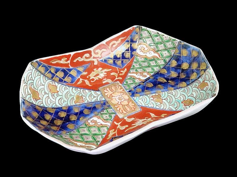 古伊万里　金襴手　波千鳥に幾何学紋の図　熨斗型変形皿　２枚E603AS-fbsj