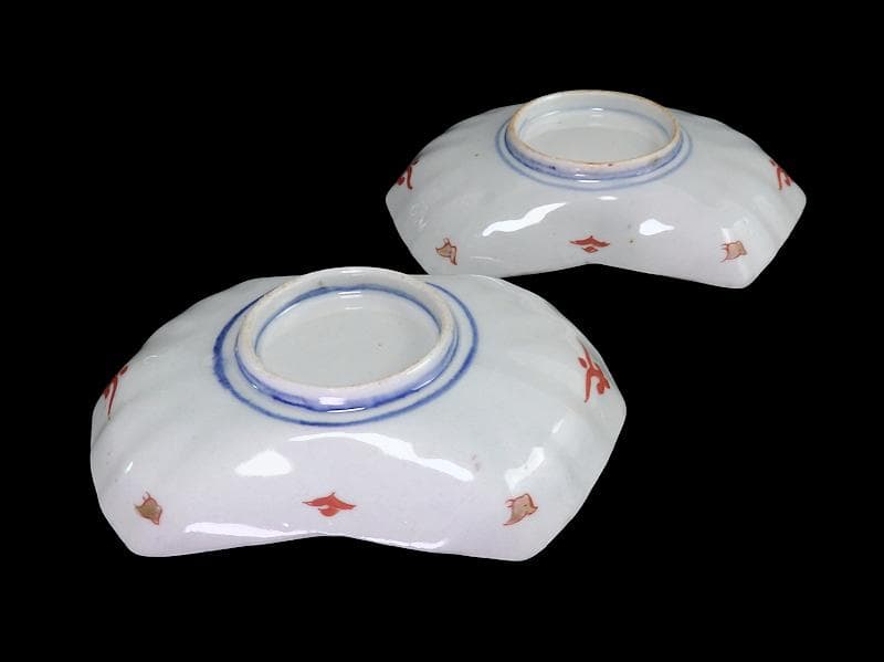 古伊万里　金襴手　波千鳥に幾何学紋の図　熨斗型変形皿　２枚E603AS-fbsj