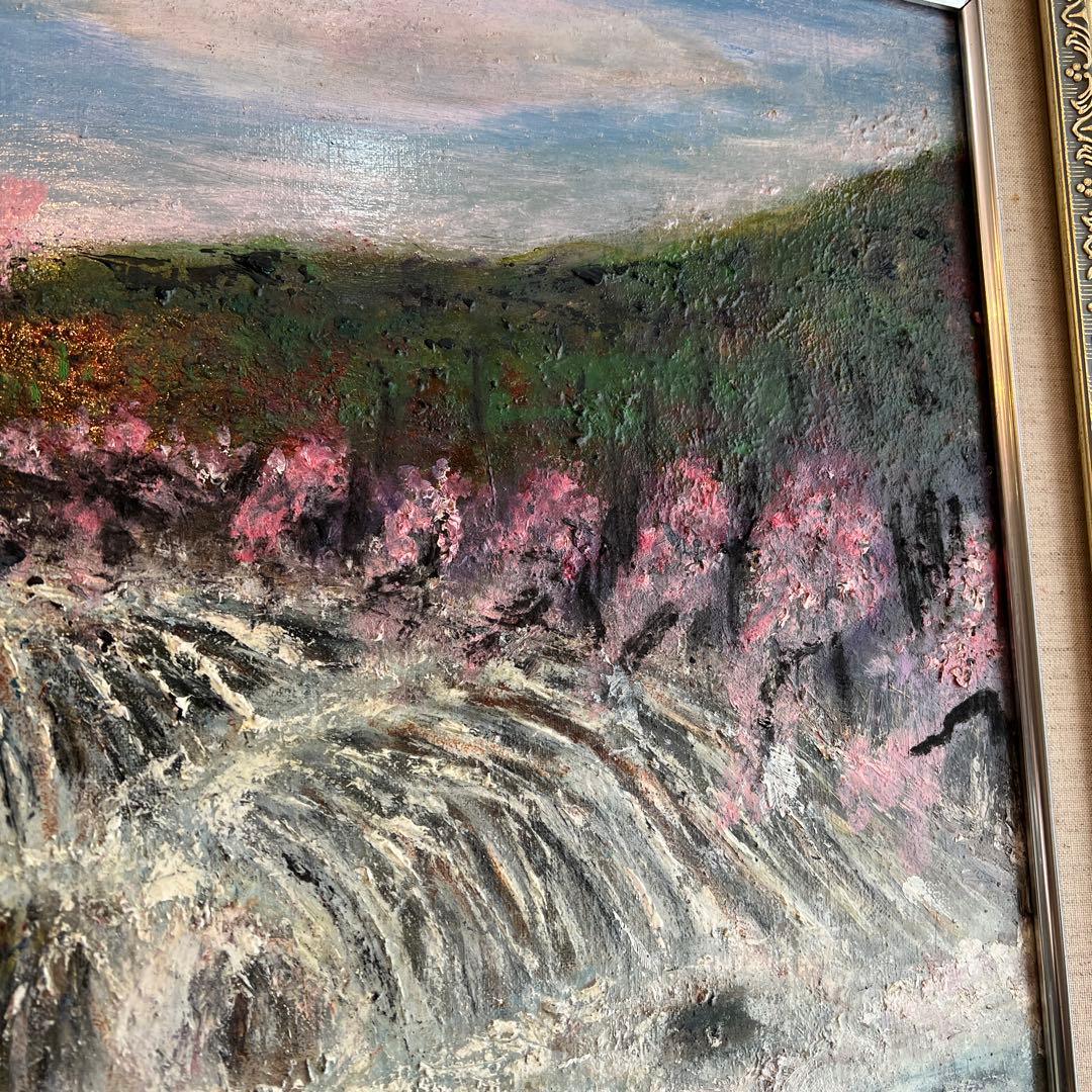 k203 額装絵画 春うららかな桜を臨むすだれ滝の風景 油彩画 エレガントな額縁