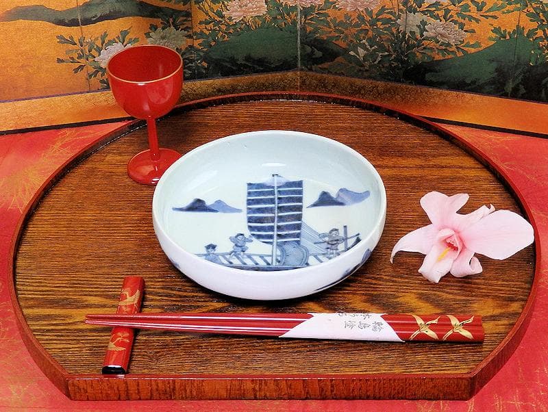 古伊万里　染付　船頭に帆掛け船の図　膾皿　5寸皿　B188AS-CUm