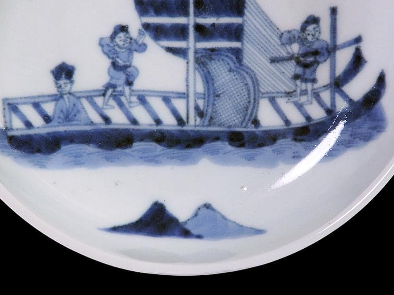 古伊万里　染付　船頭に帆掛け船の図　膾皿　5寸皿　B188AS-CUm