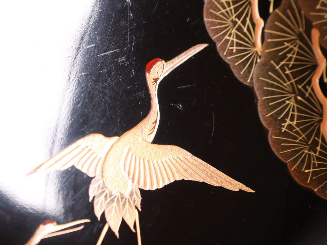 【CM379】大正期 月と松 飛翔鶴 金蒔絵 欅地溜塗 黒塗 椀四客 木製漆器