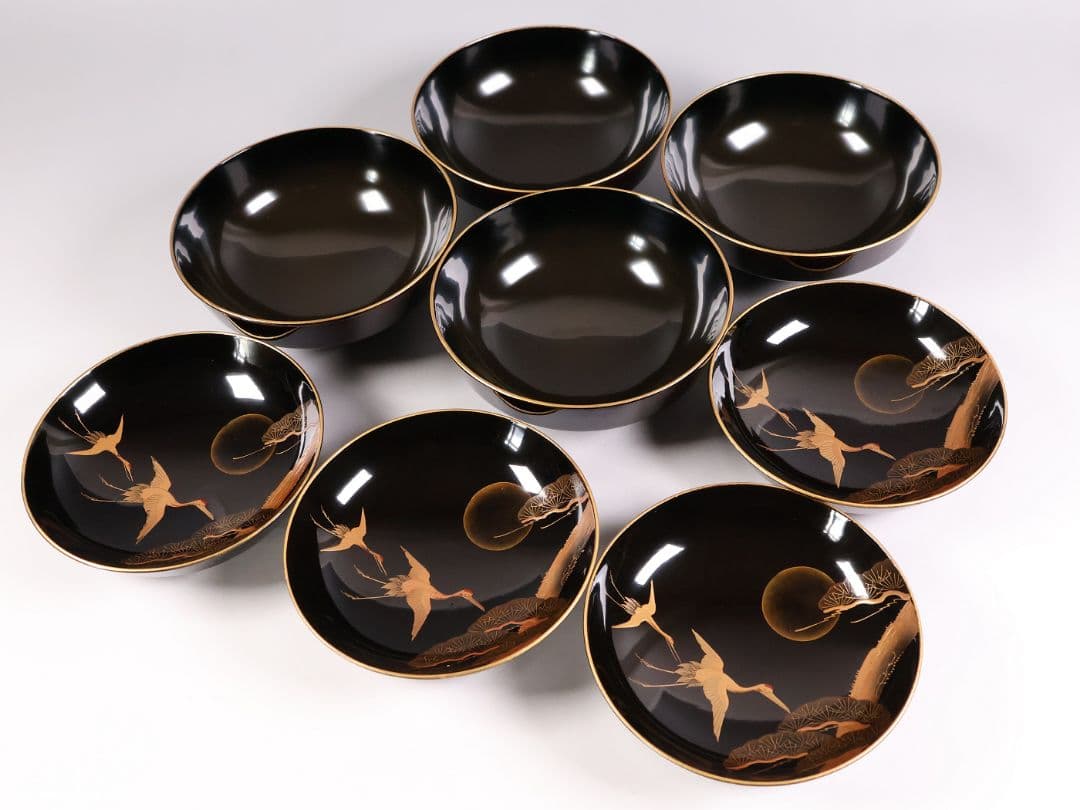 【CM379】大正期 月と松 飛翔鶴 金蒔絵 欅地溜塗 黒塗 椀四客 木製漆器