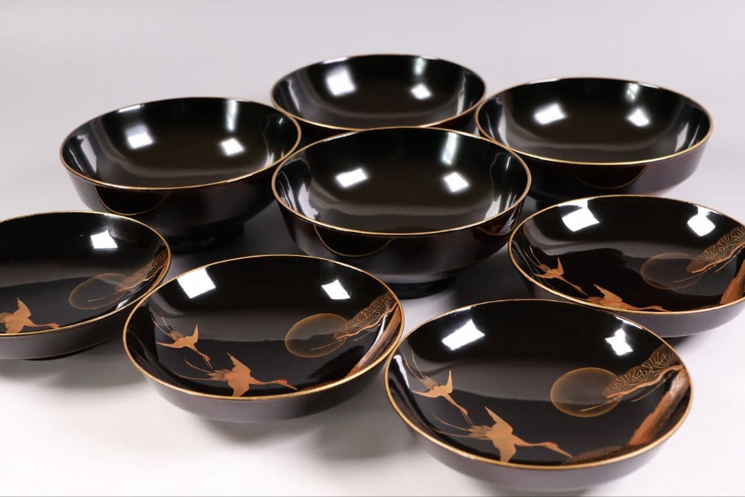 【CM379】大正期 月と松 飛翔鶴 金蒔絵 欅地溜塗 黒塗 椀四客 木製漆器