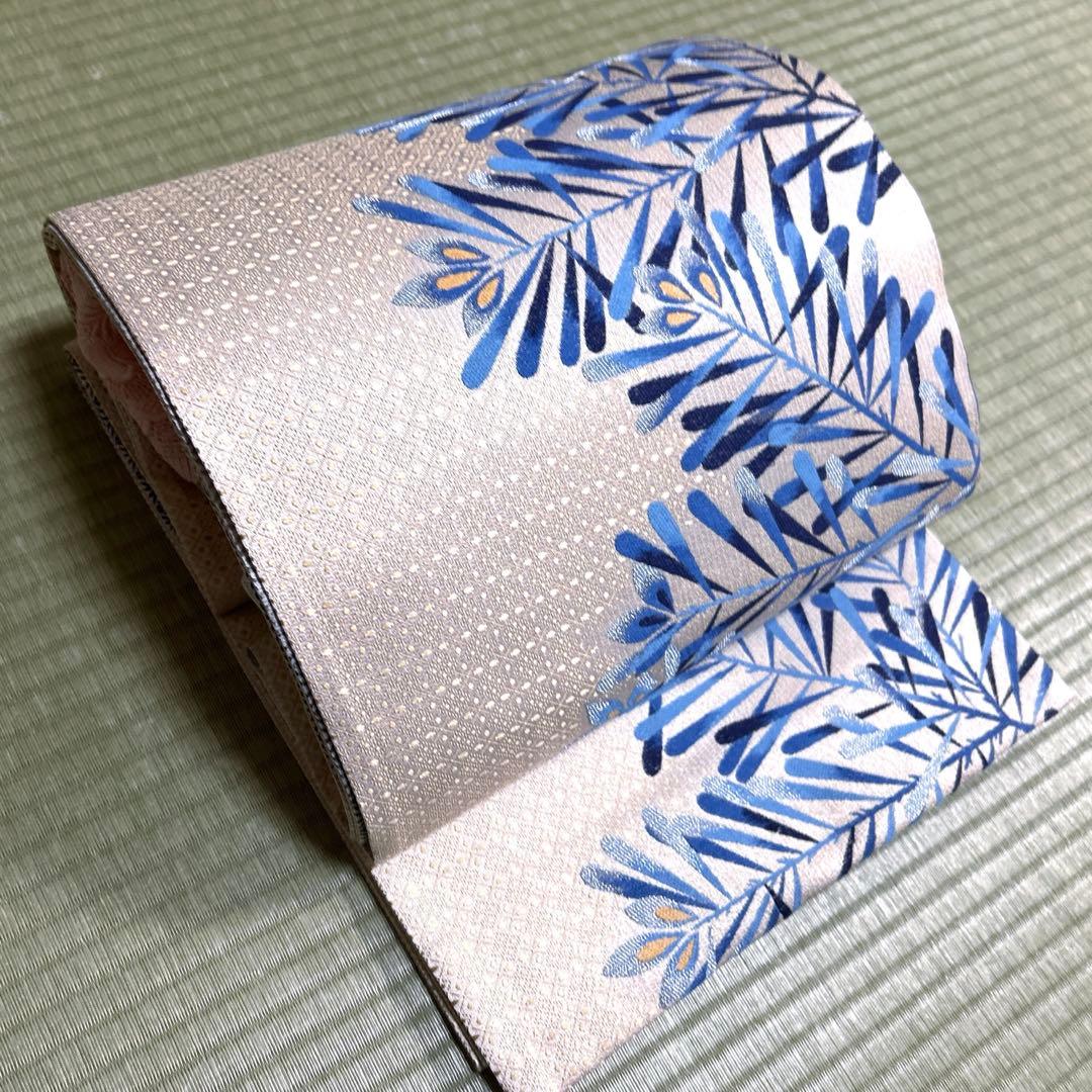 正絹　袋帯《藍染　葉模様》