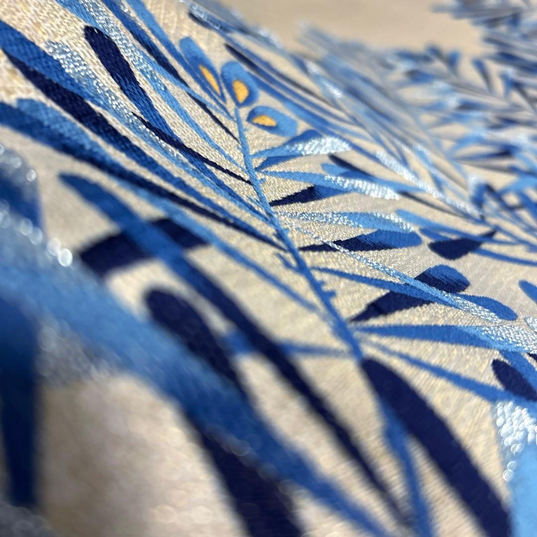 正絹　袋帯《藍染　葉模様》