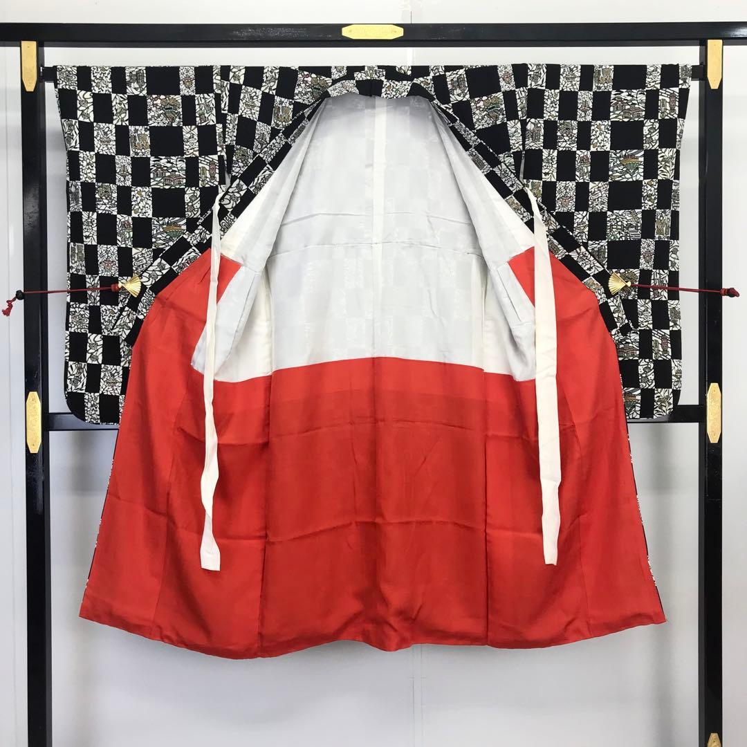 子供着物 型染 玩具や草花 縮緬 黒色 七五三 7歳 10歳 CK-7024