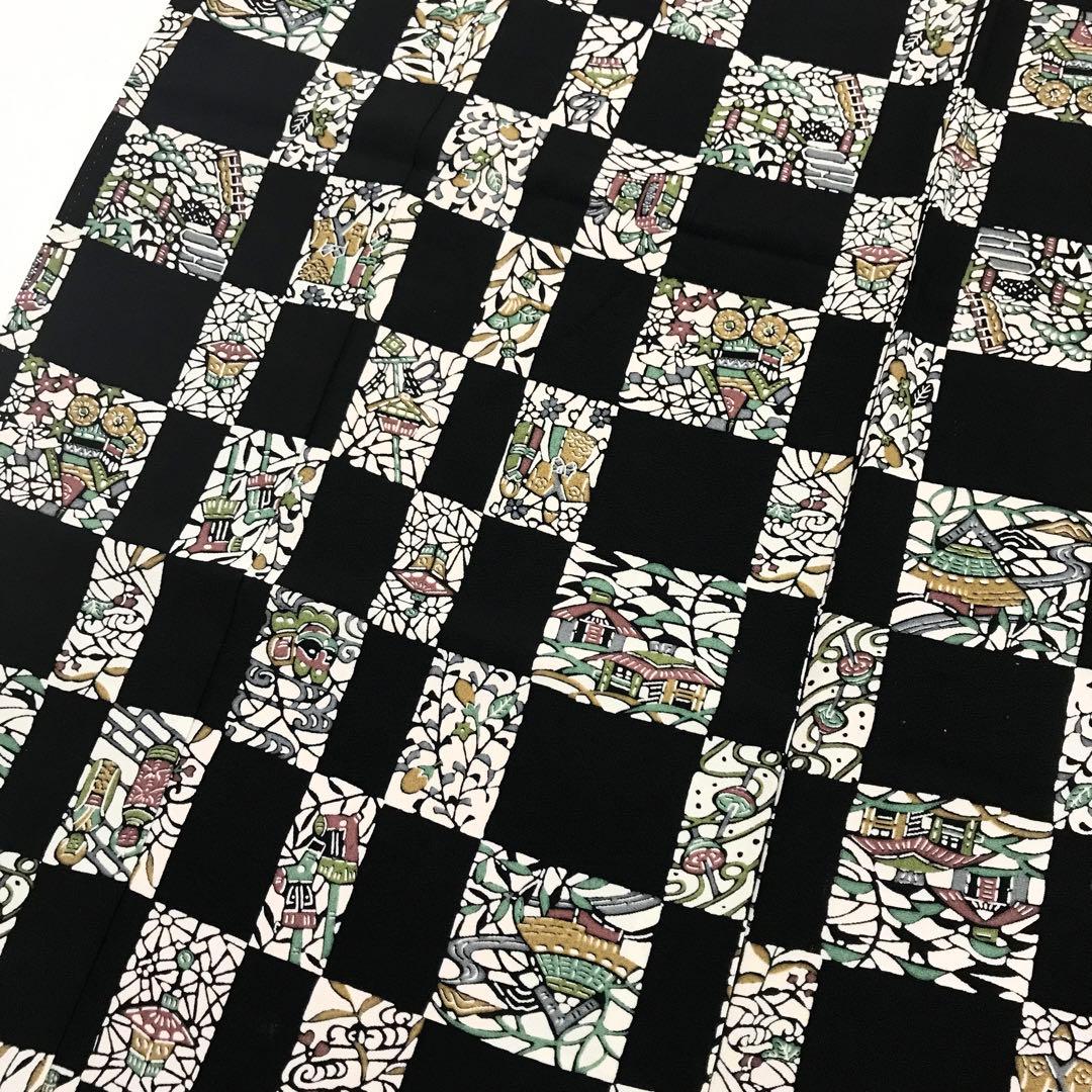 子供着物 型染 玩具や草花 縮緬 黒色 七五三 7歳 10歳 CK-7024