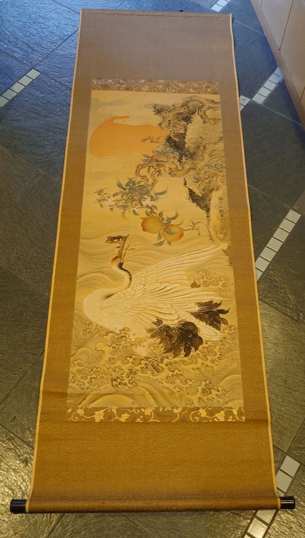 瀧和亭 貞信 海鶴蟠桃図 掛軸 箱書有 大判 明治期