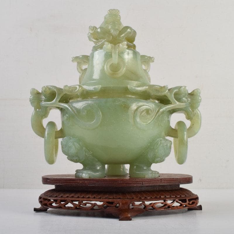 中国　玉石彫刻　雙耳活環　龍鈕蓋爐　香炉　唐木台付　C　9149