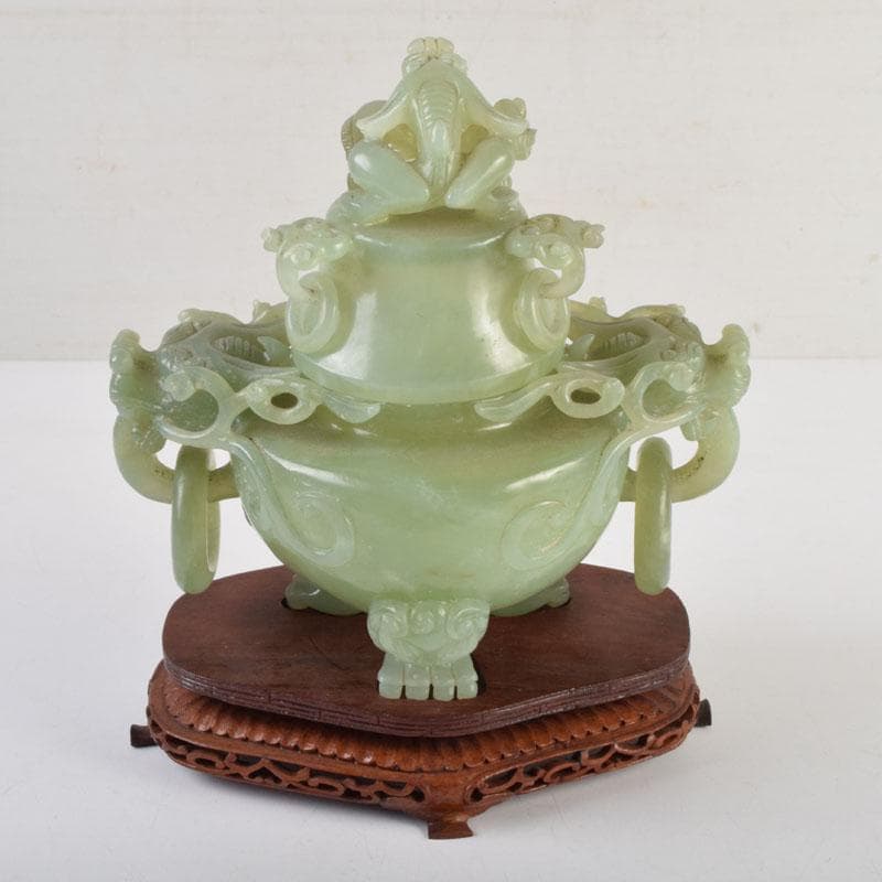 中国　玉石彫刻　雙耳活環　龍鈕蓋爐　香炉　唐木台付　C　9149