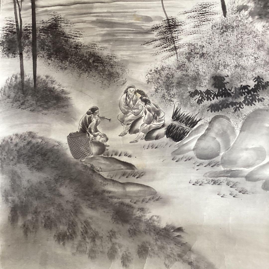 橋本雅邦　紙本水墨画《風景人物画》肉筆　落款印譜あり　双幅捲り　模写　NO107