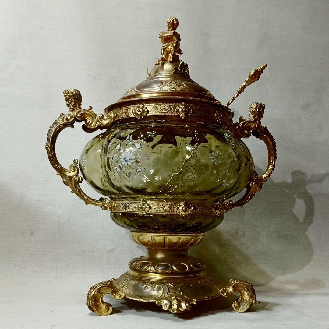 年代物 西洋アンティーク 特大 装飾 ガラス スープジャー 金工 彫刻 彫金