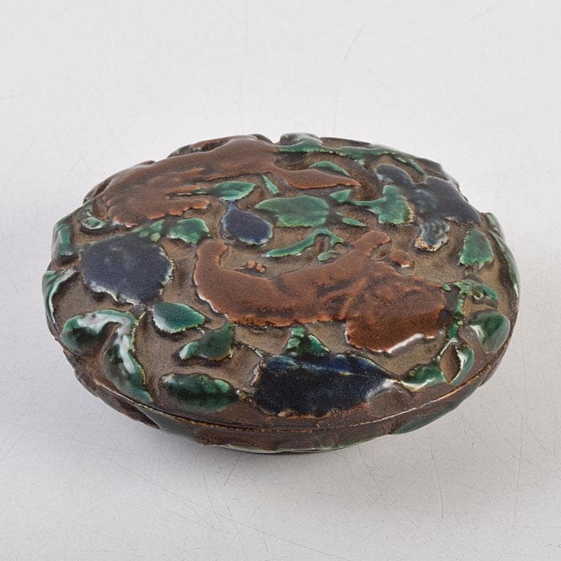 茶道具　交趾焼　獅子文　蓋裏仏像刻　懐中仏　香合　蓋物　C　R9390