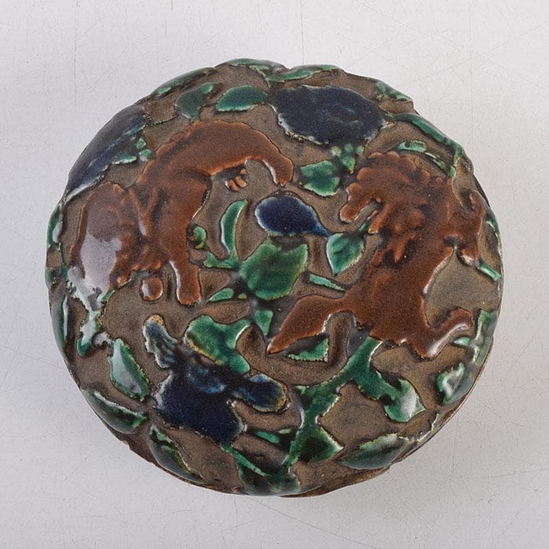 茶道具　交趾焼　獅子文　蓋裏仏像刻　懐中仏　香合　蓋物　C　R9390