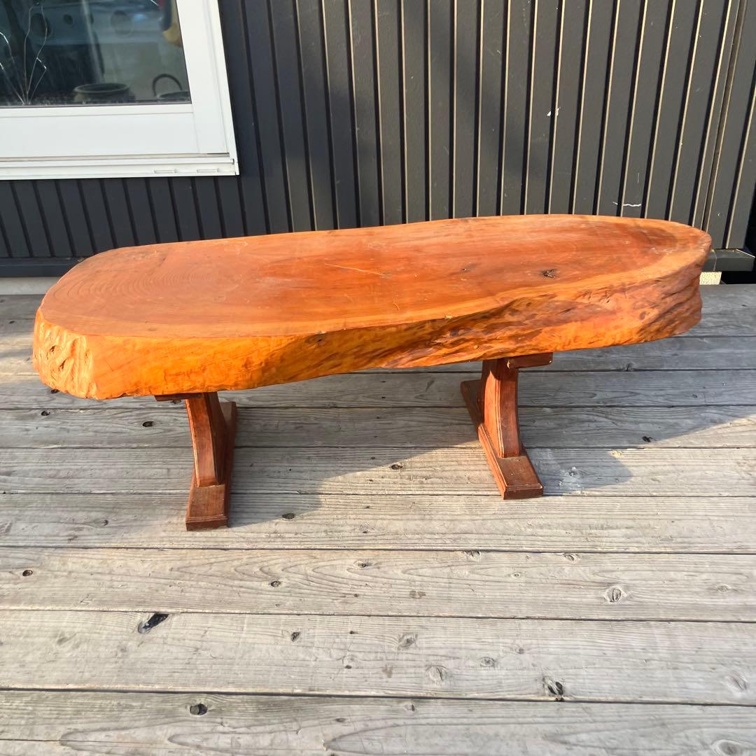 ②昭和レトロ 木製 天然木 欅材 一枚板 脚付き 座卓 センターテーブル 楕円形