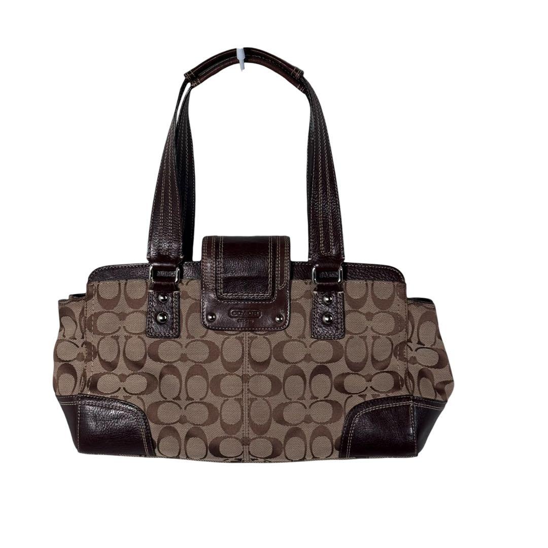 COACH コーチ ハンドバッグ ハンプトンズ 茶 シグネチャー ターンロック