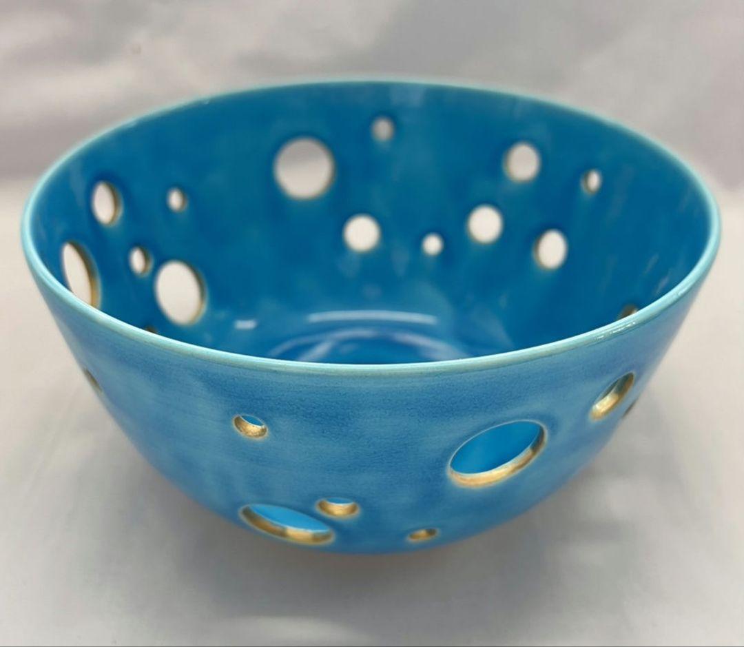 浅黄交趾釉薬水玉透かし文 菓子鉢 平安 善昇 茶道具