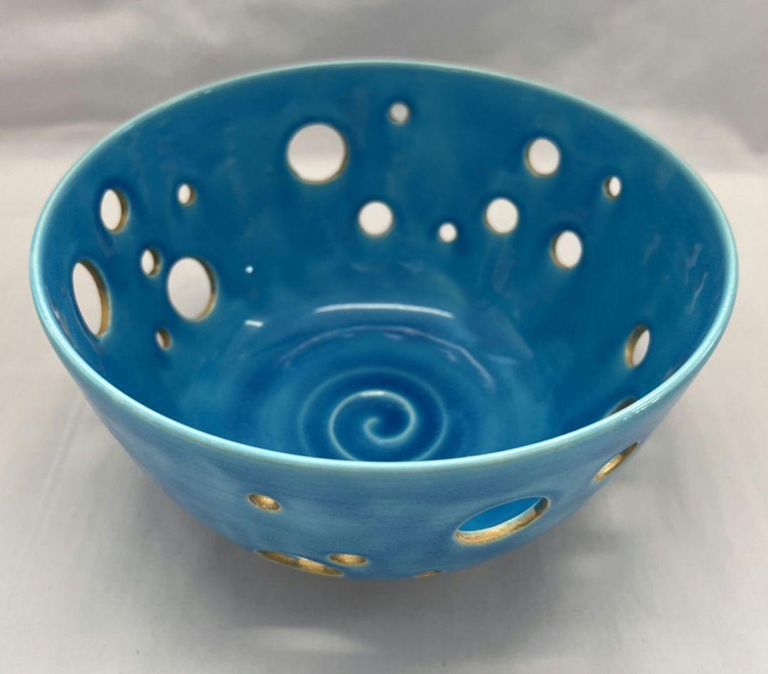 浅黄交趾釉薬水玉透かし文 菓子鉢 平安 善昇 茶道具