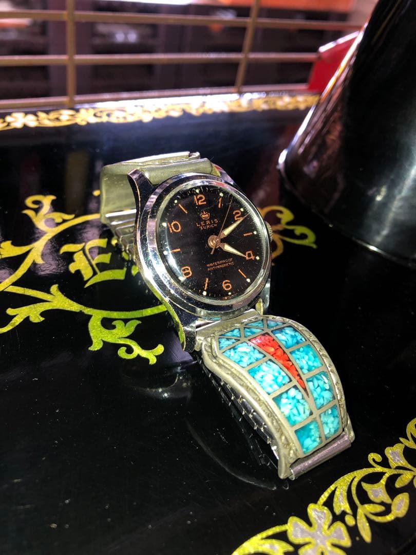 腕時計　古物　手巻き　時間　ターコイズ　族　インレイ　バンド　ノスタルジック