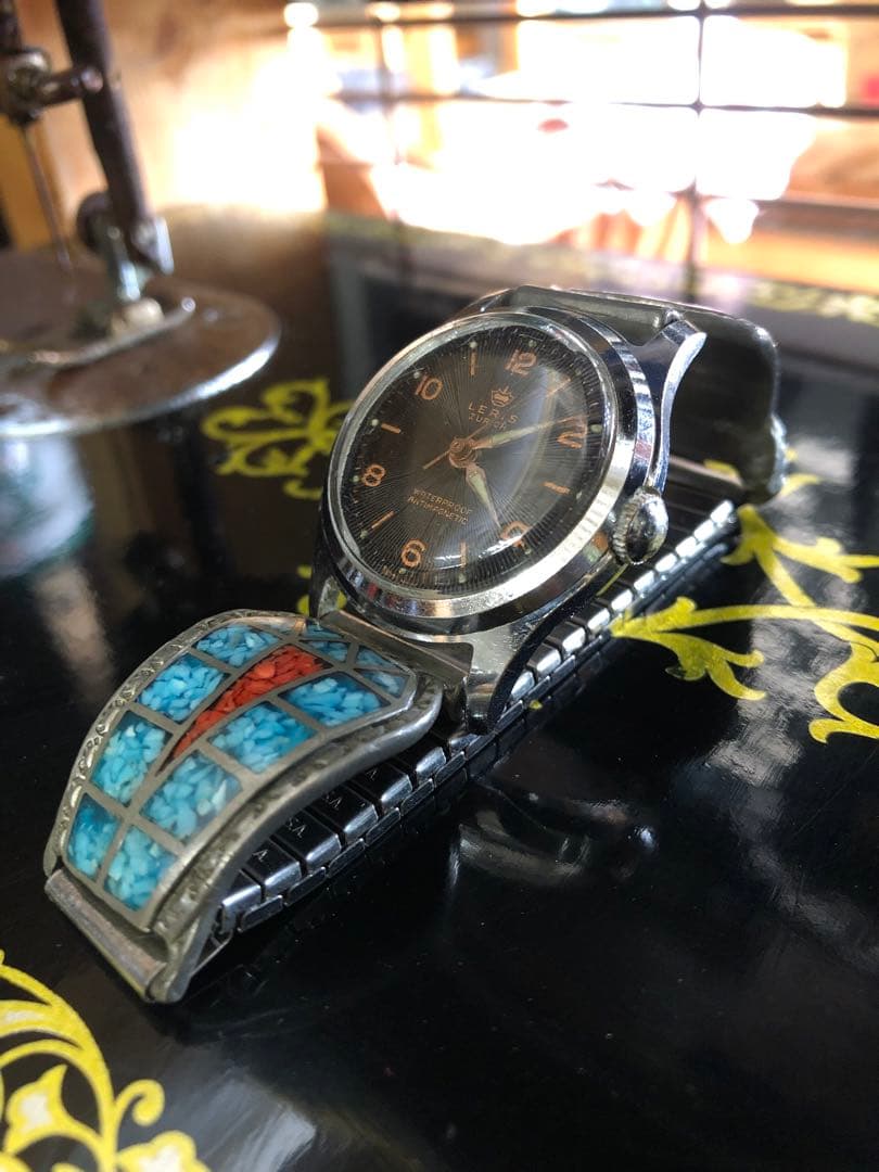 腕時計　古物　手巻き　時間　ターコイズ　族　インレイ　バンド　ノスタルジック