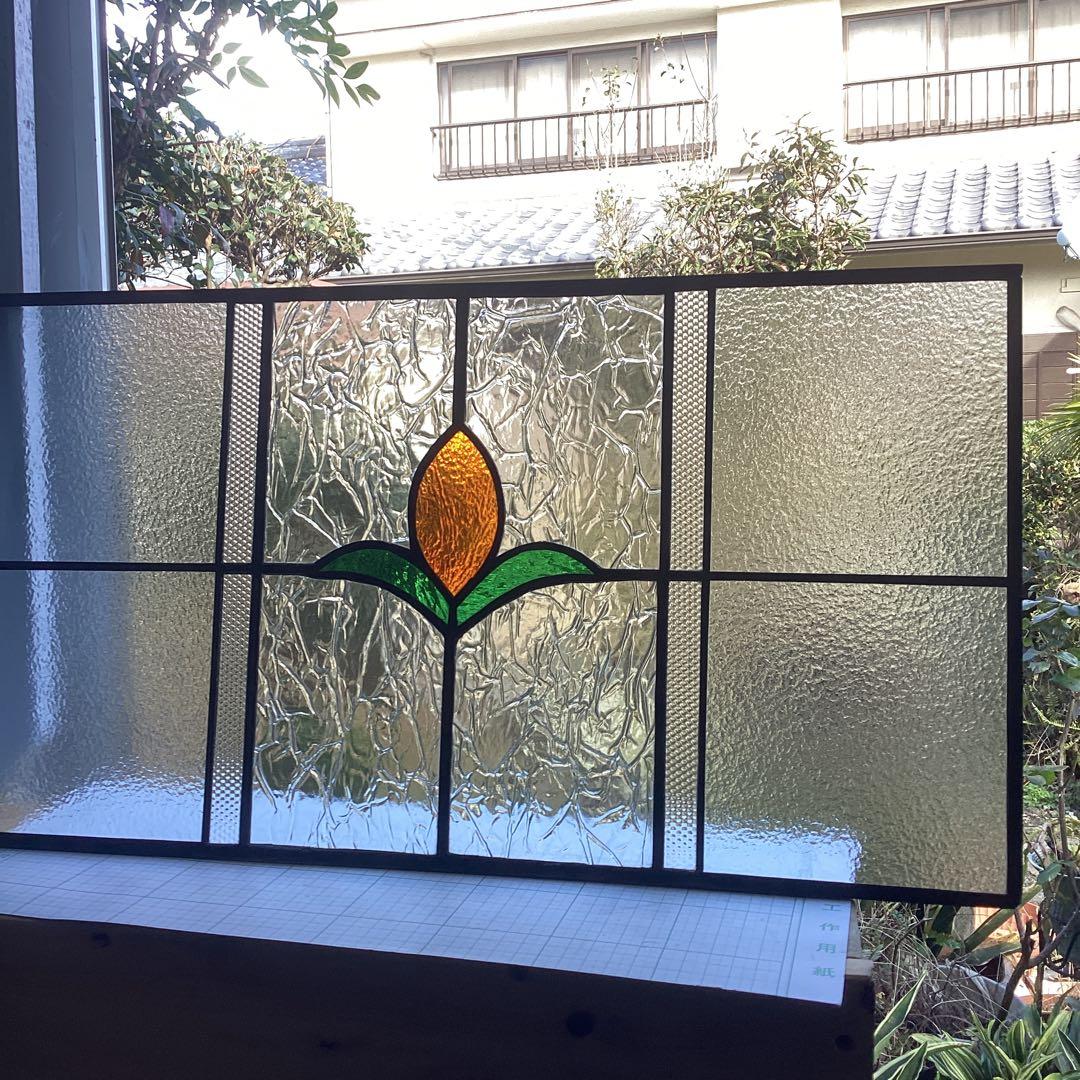 ステンドグラスパネル住宅用　オレンジフラワー(1434)