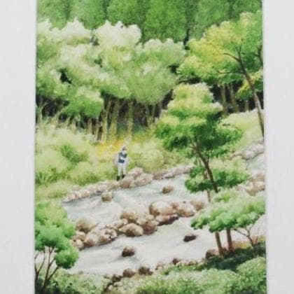 絵画「渓流の釣り」　水彩画