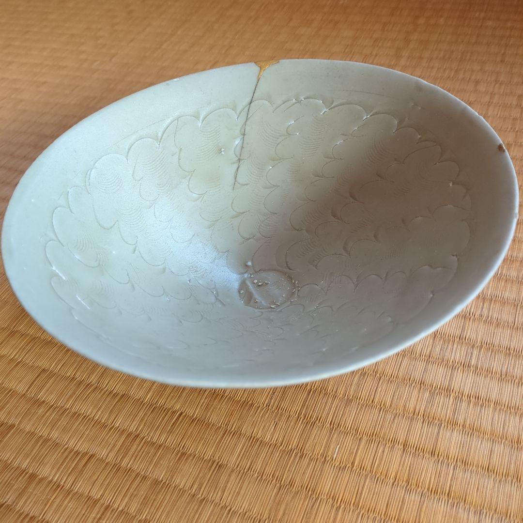 波模様の陶器鉢　木箱入り　金継ぎ　骨董品　古美術