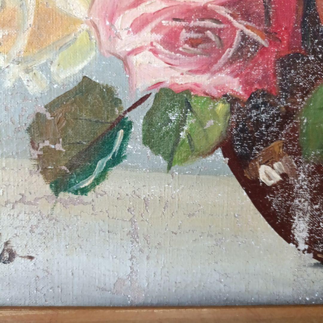 古　カラフル　薔薇　花の絵　アート　油絵?　絵画　アンティーク　作者不明
