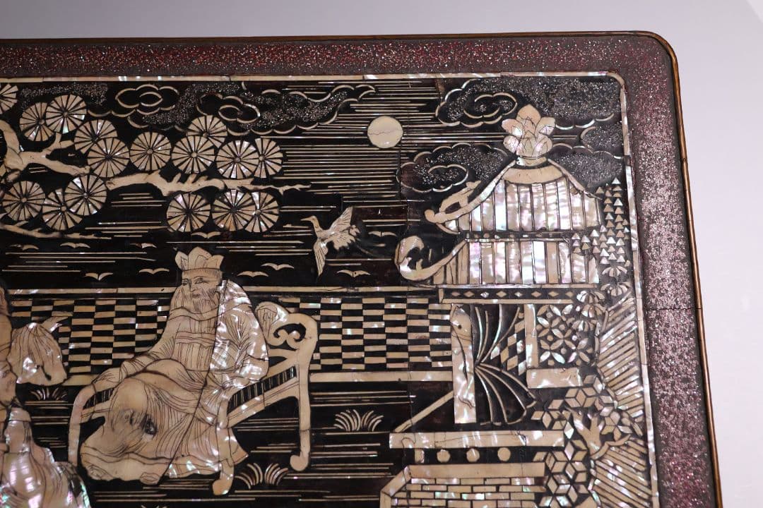 中国美術 螺鈿細工 平卓 46×28.3cm 人物 花台 香炉 木製【MA812