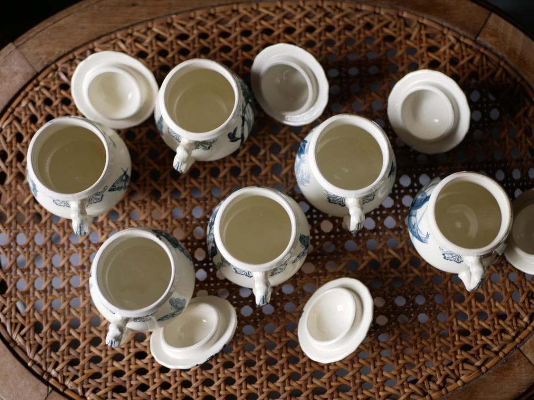 クレイユモントロー　クリームポット6個＋専用皿のフルセット　フランスアンティーク