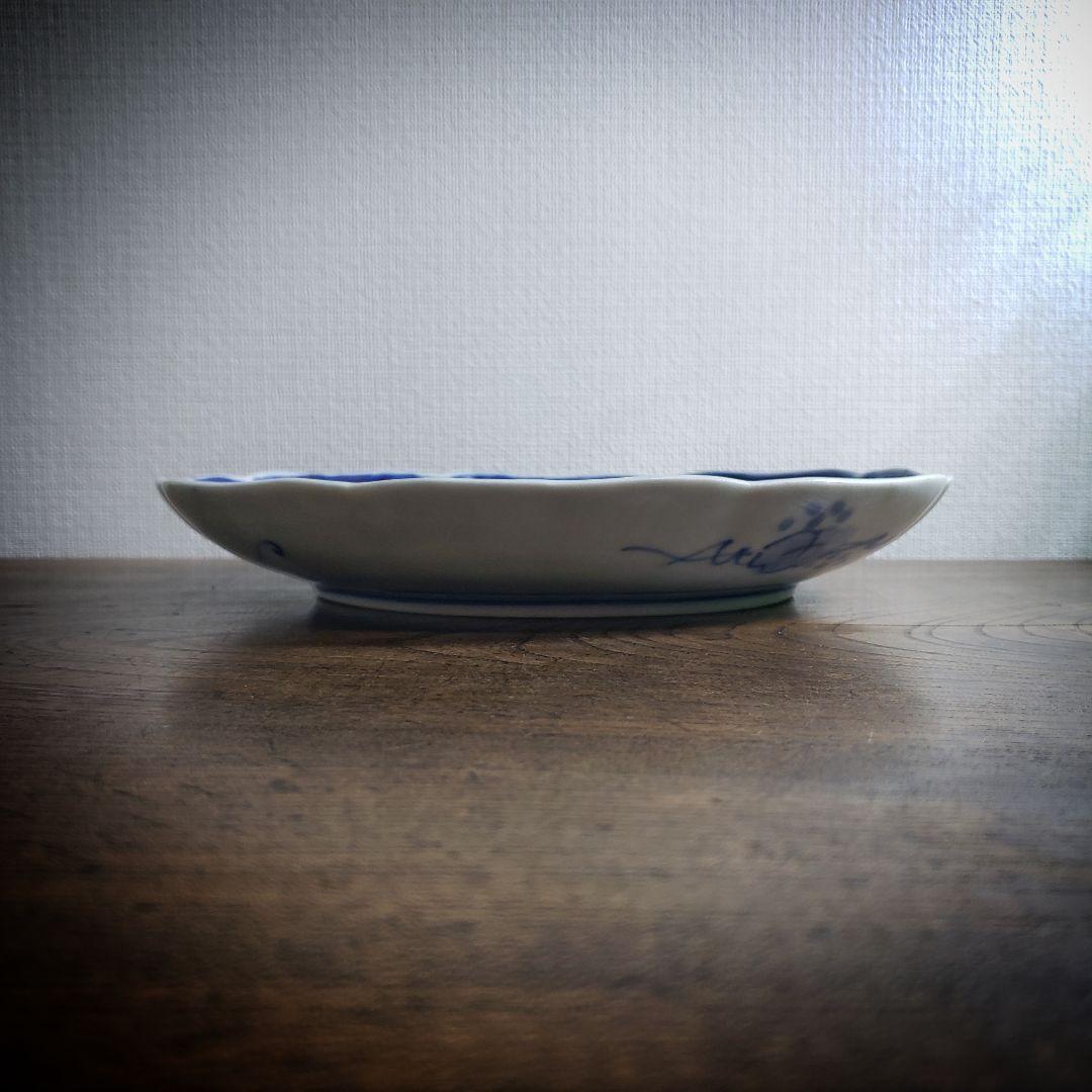 大皿　八寸皿　染付　輪花　山水図　古伊万里　江戸　鎹継ぎ　ハ号