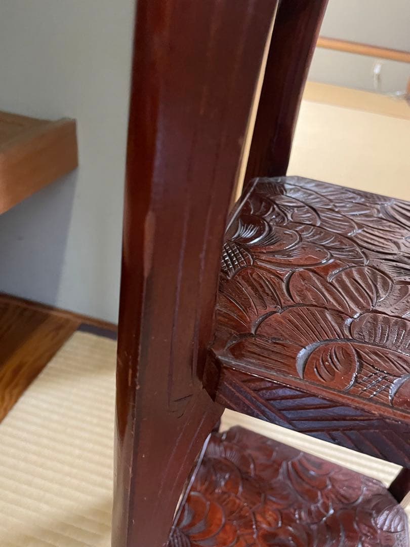 日光彫り 芍薬 漆塗り木製彫刻 3段