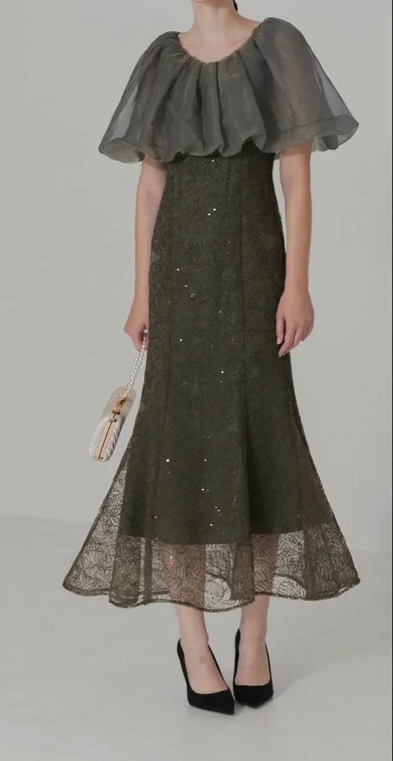 2WAYオフショルダーパフスリーブマーメイドワンピースドレス