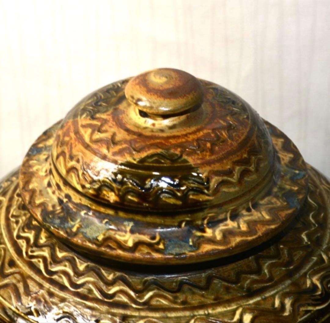 小鹿田焼 横縞櫛目緑釉打掛蓋付壺 29cm 未使用美品 民藝